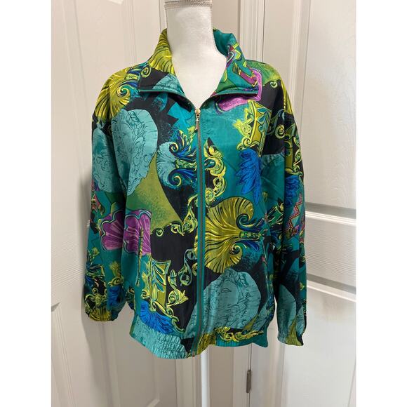 SPORTIF STUDIO 100% Silk 1980s Vintage Retro Parachute Jacket Teal Green Medium - Picture 1 of 7